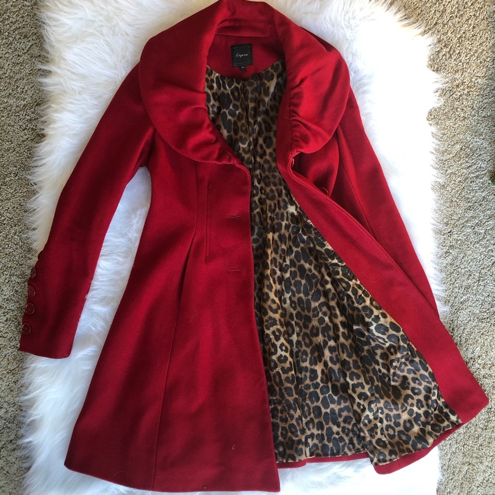 Express flare pea coat red with leopard lining